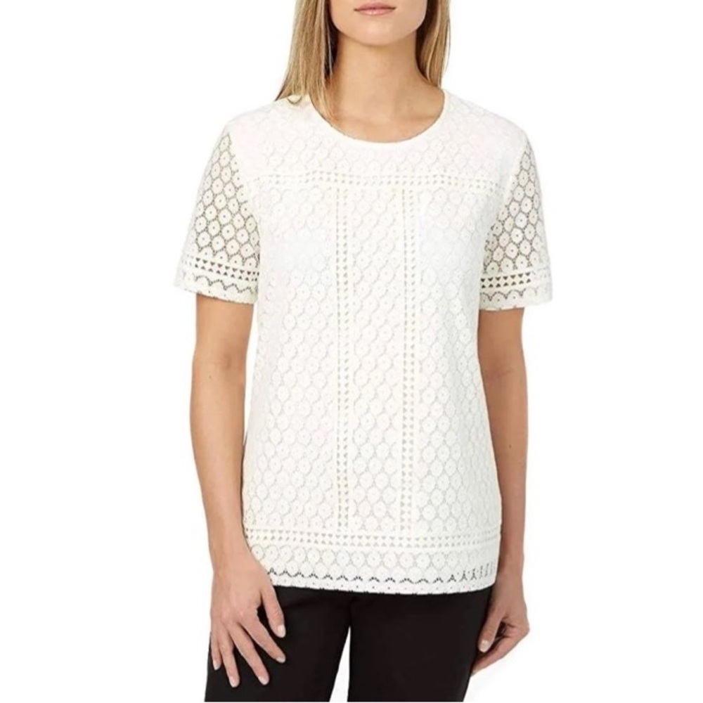 Badgley Mischka Lace Crewneck Women's Short Sleeve Boho Blouse Top Plus Size XXL